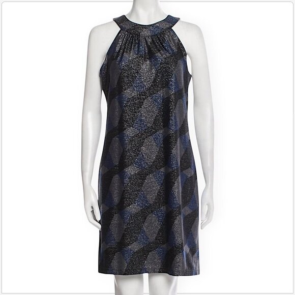 Elie Tahari Briggite Metallic Shimmer Print Blue Gray Black Knit Shift Dress 2 - Picture 1 of 5